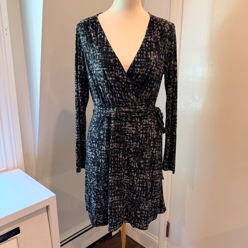 Daisy Fuentes Black Gray Onyx Combo Faux Wrap Dress Long Sleeve Abstract | S